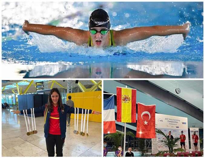 Laura nadando, el podio y con las medallas obtenidas/TA.